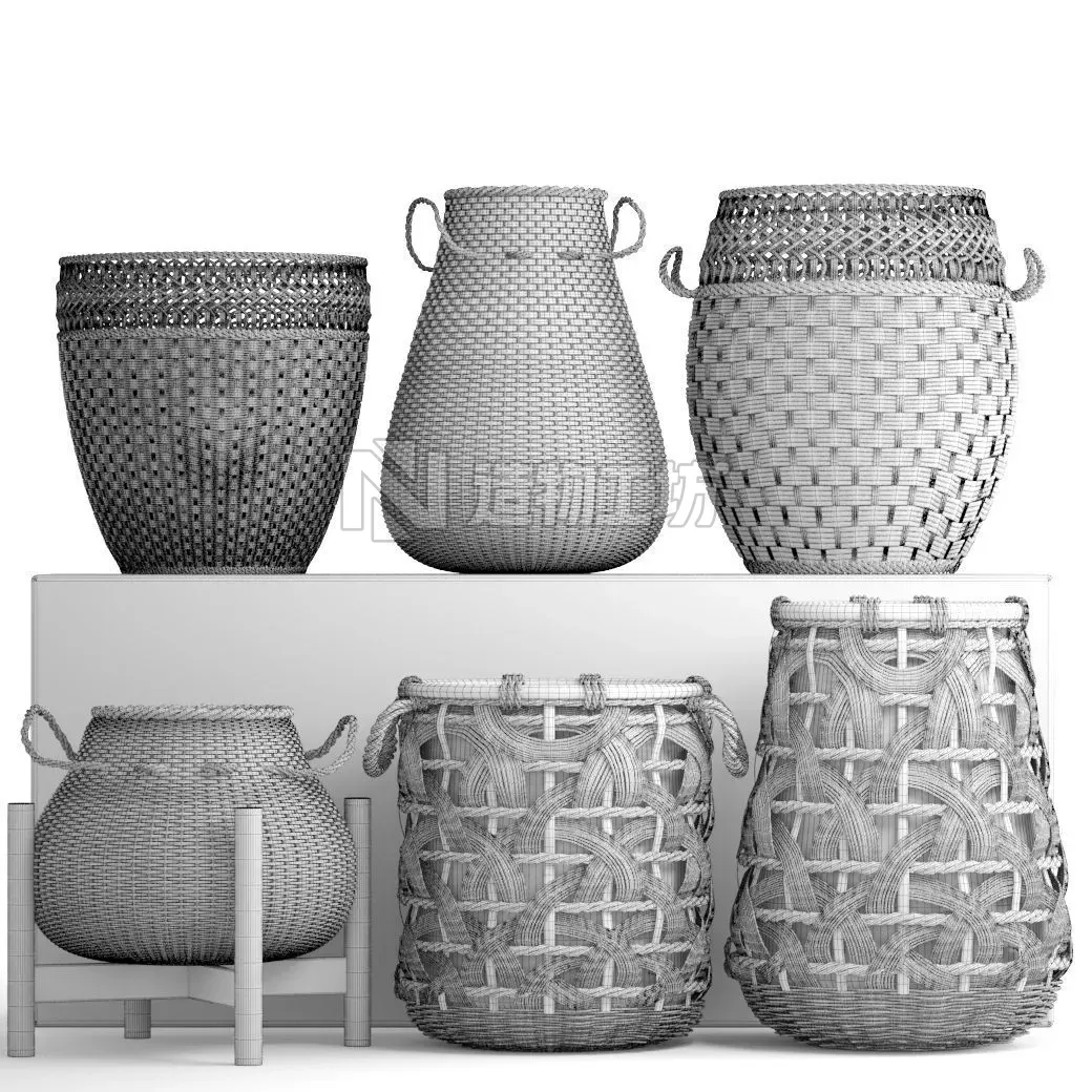 Basket Rattan set collection 3D model