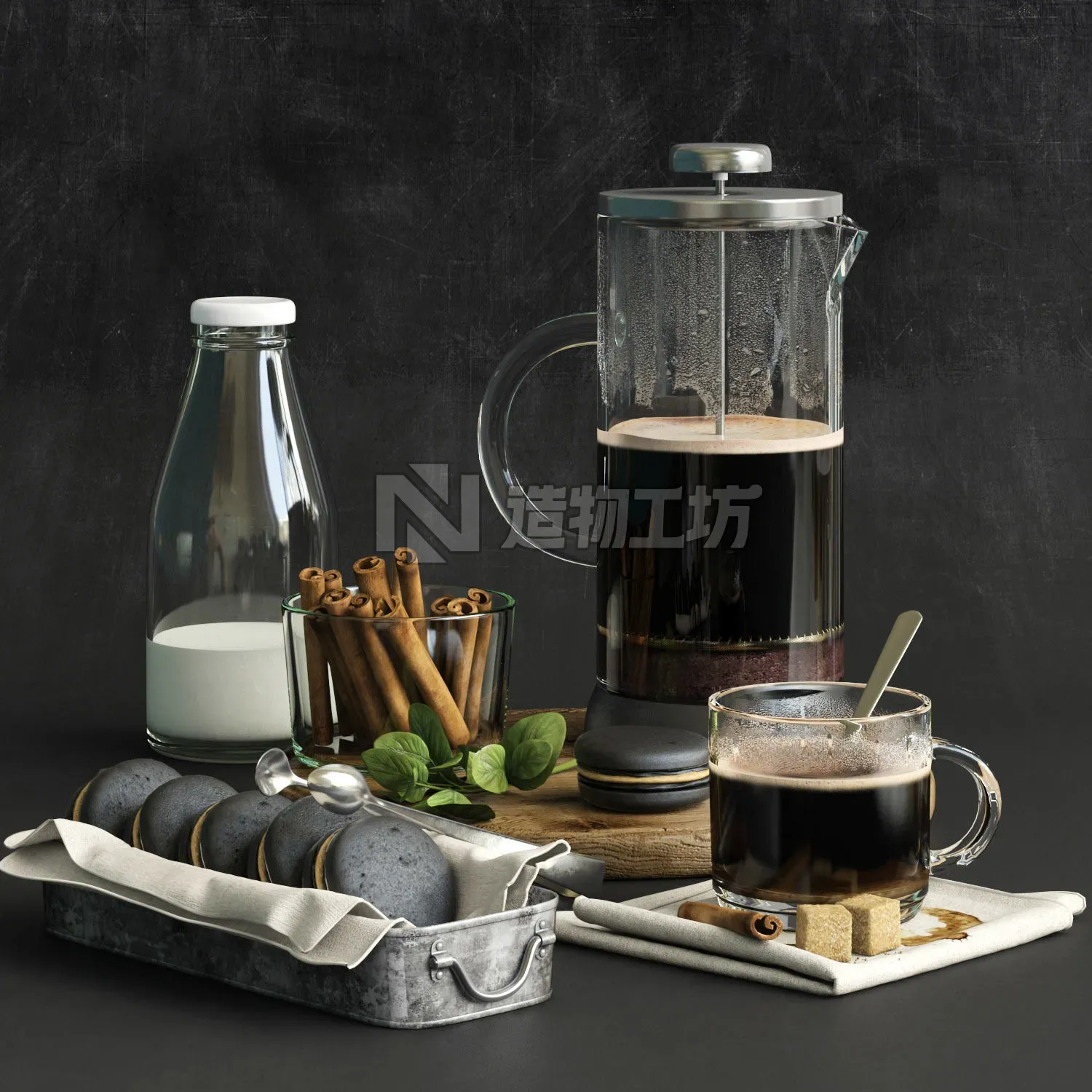 kitchen set 4 french press coffee maker 3D model