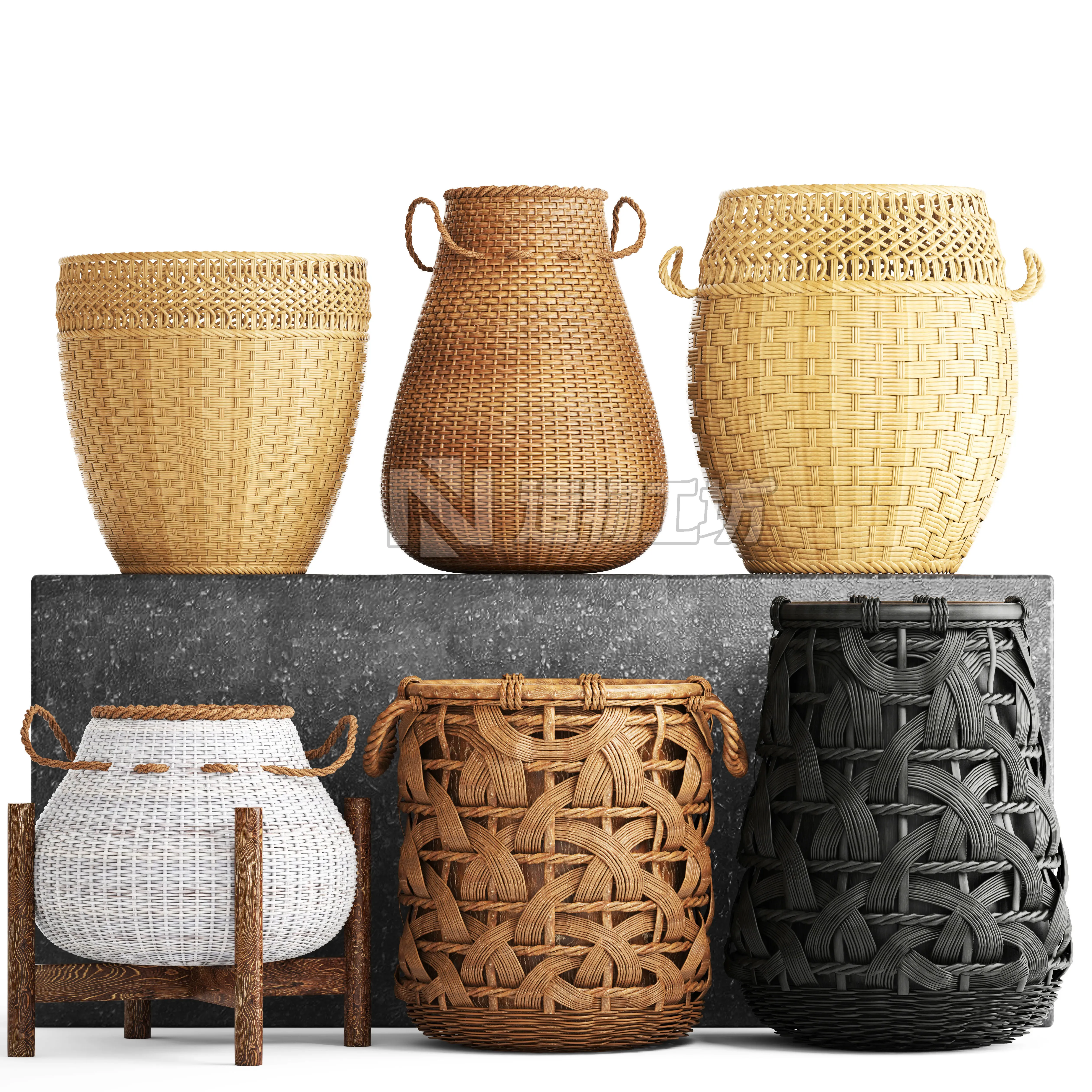Basket Rattan set collection 3D model