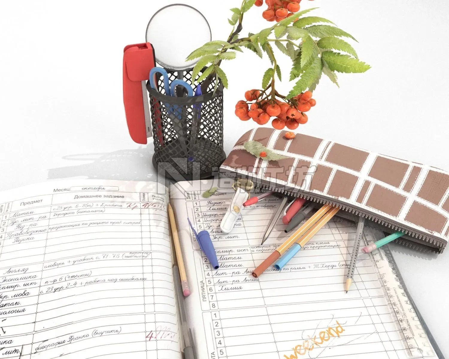 School Stationery with Mountain Ash Branch 3D model
