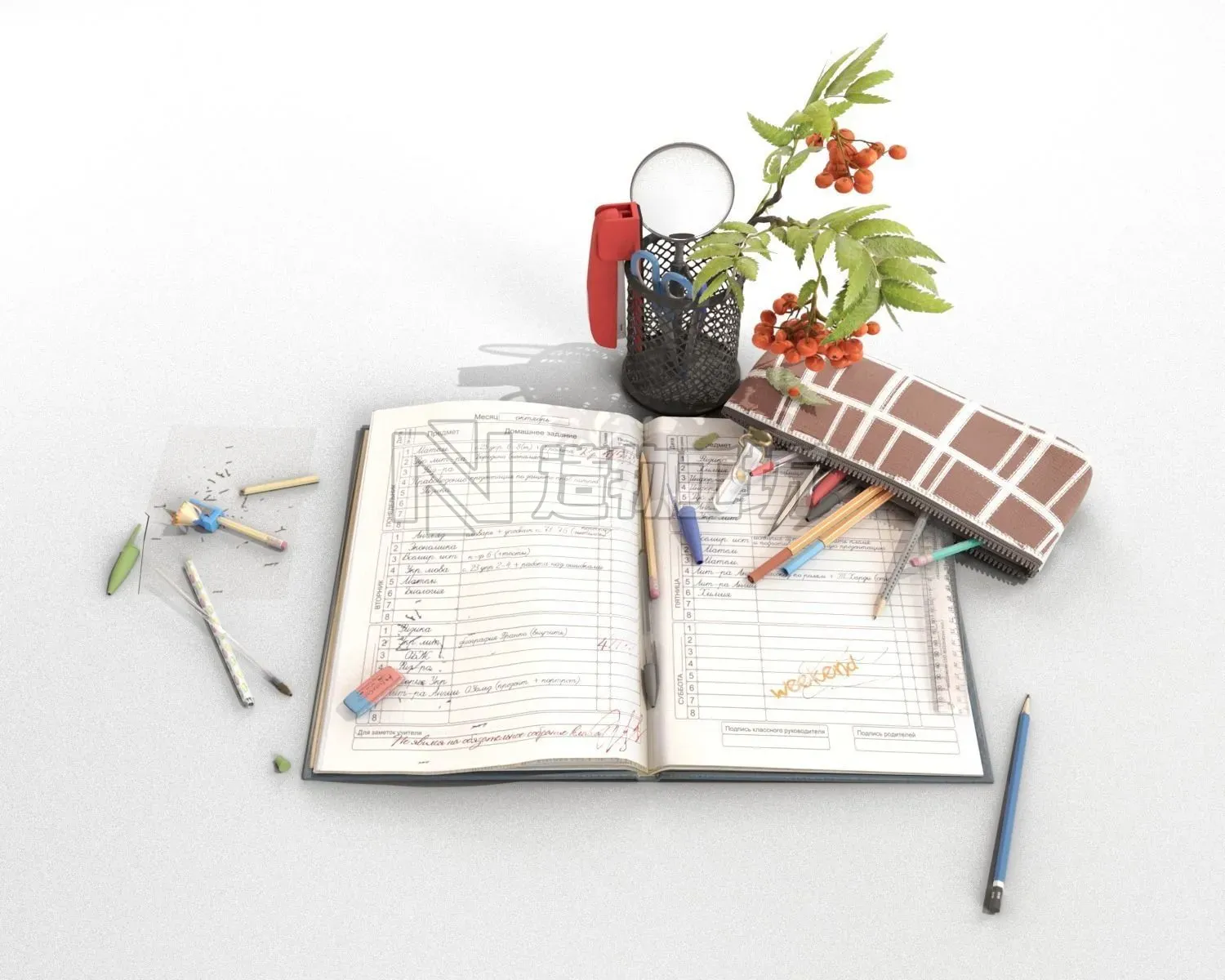 School Stationery with Mountain Ash Branch 3D model