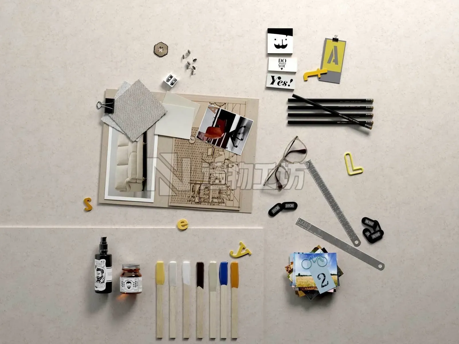 Composition Pictures Office Supplies Oil and Glasses 3D model