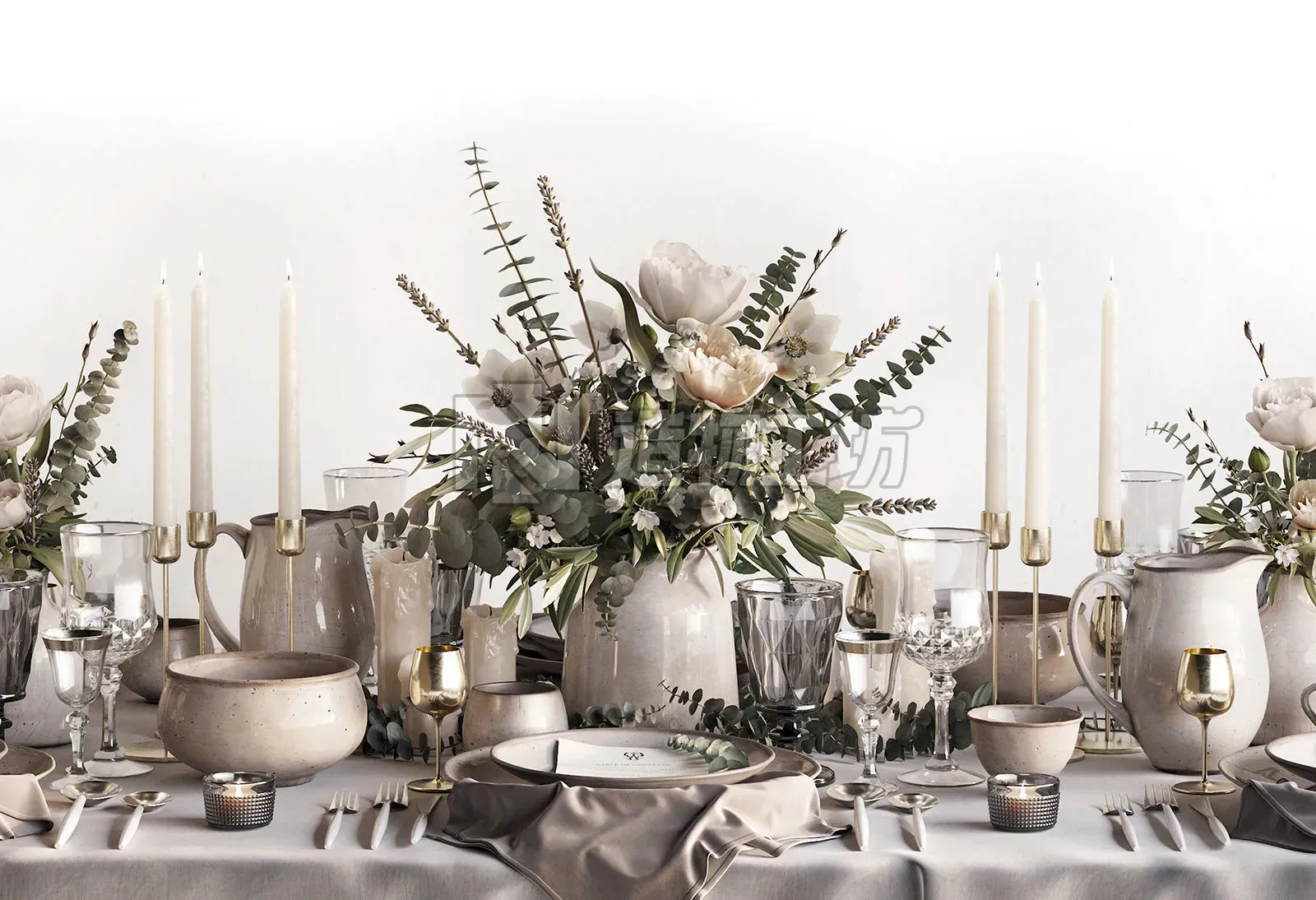 Tableware Set 2 table with silverware and flowers 3D model
