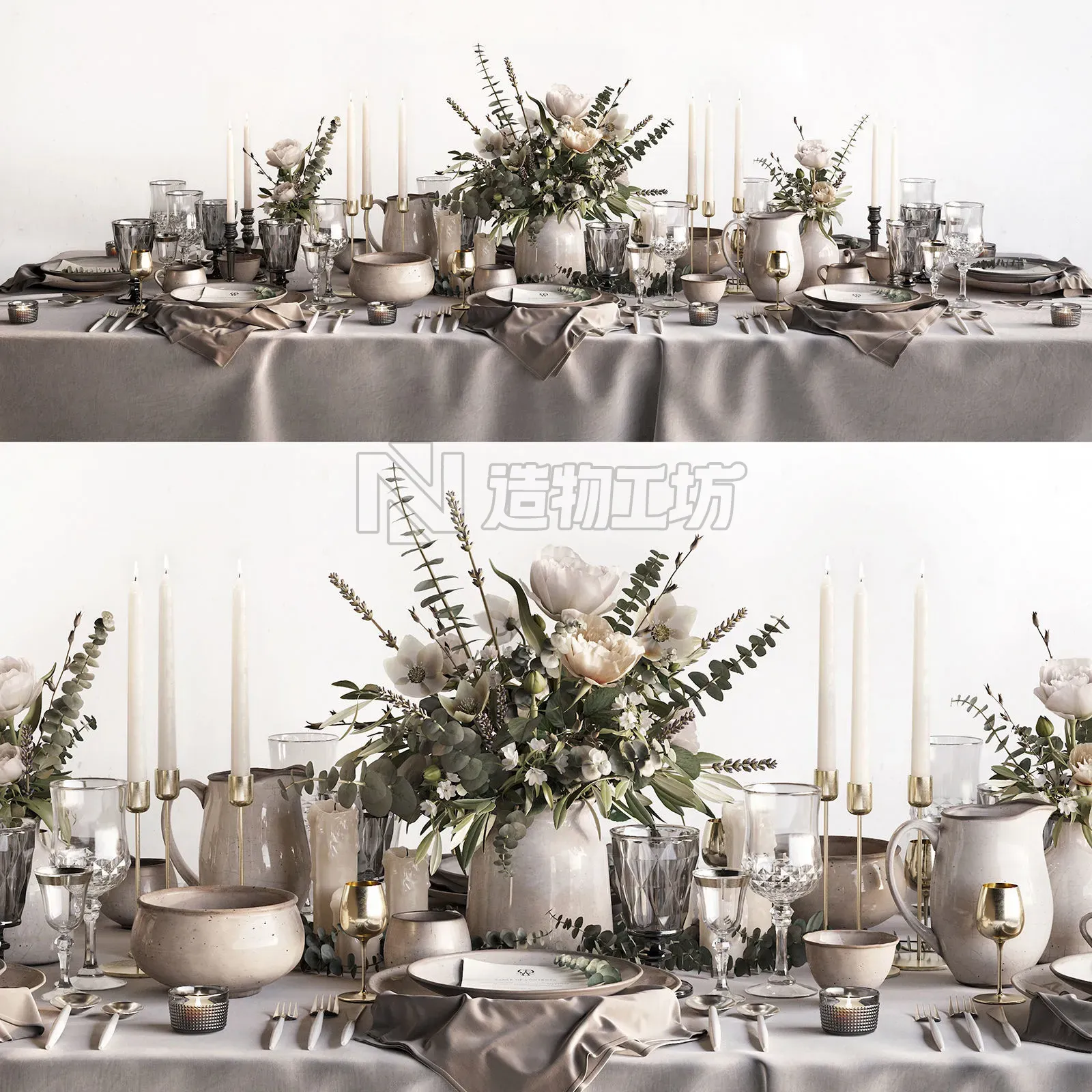 Tableware Set 2 table with silverware and flowers 3D model