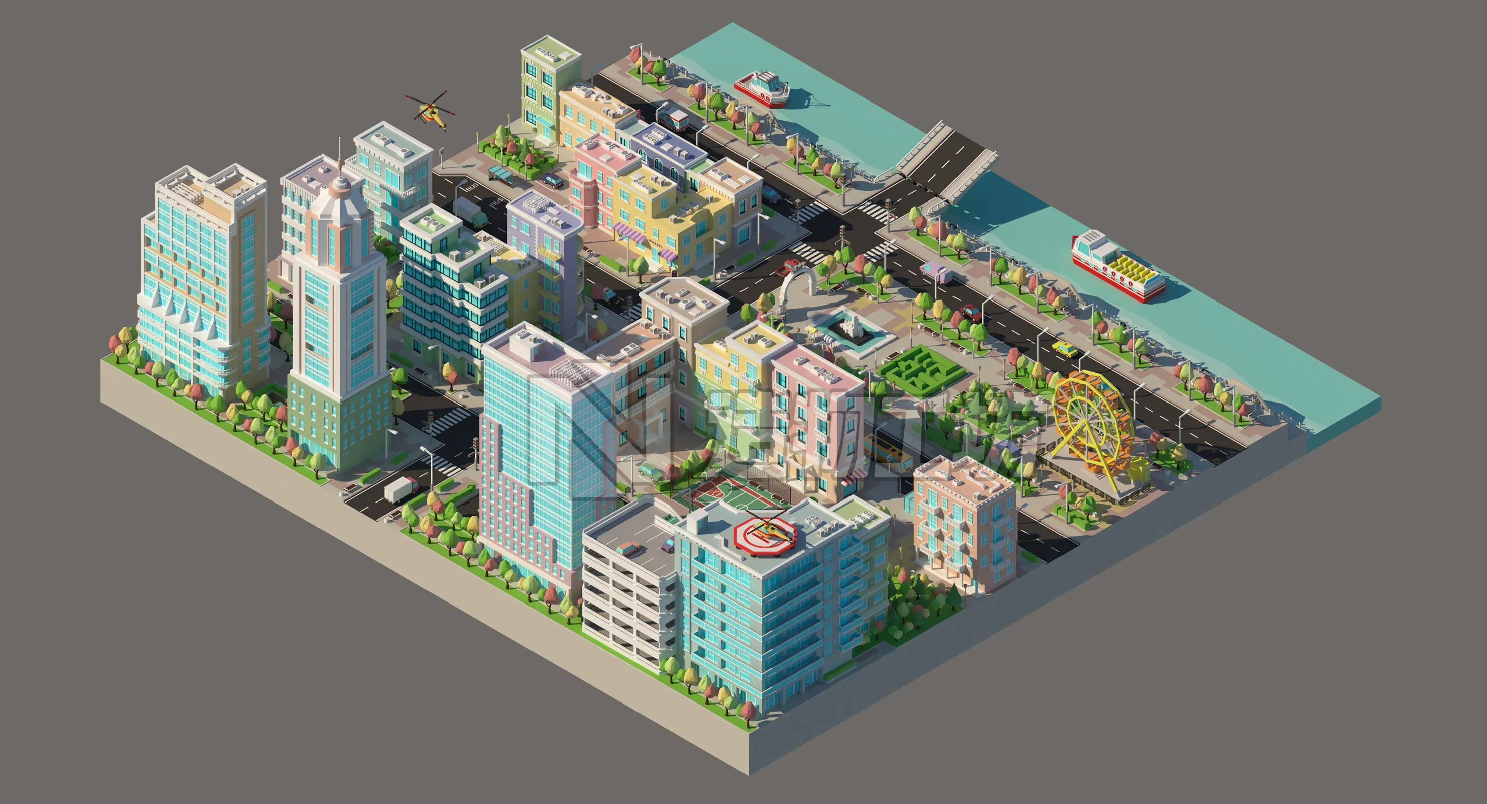 Low poly city with various buildings on the bank of the river Low-poly 3D model