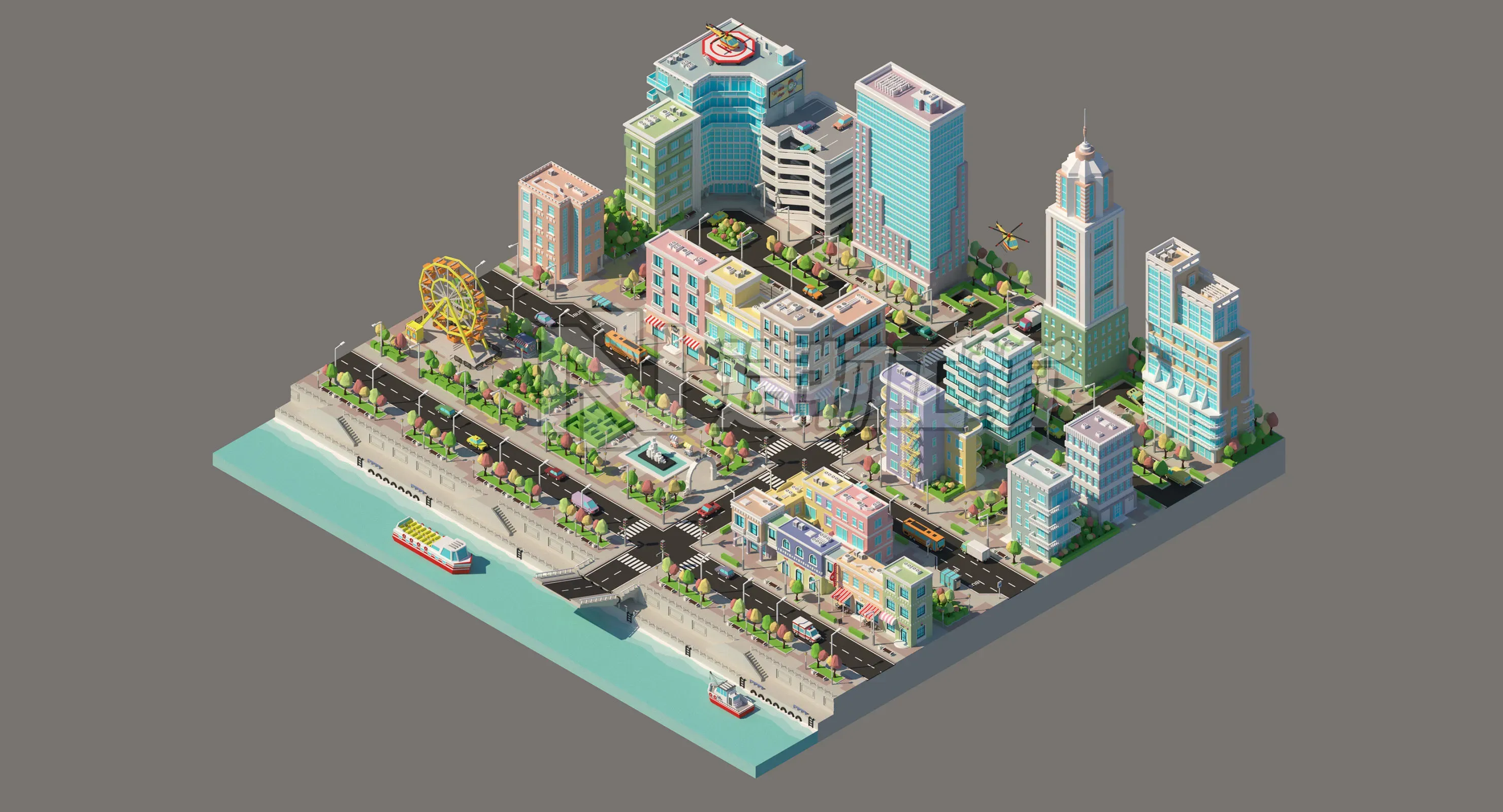 Low poly city with various buildings on the bank of the river Low-poly 3D model