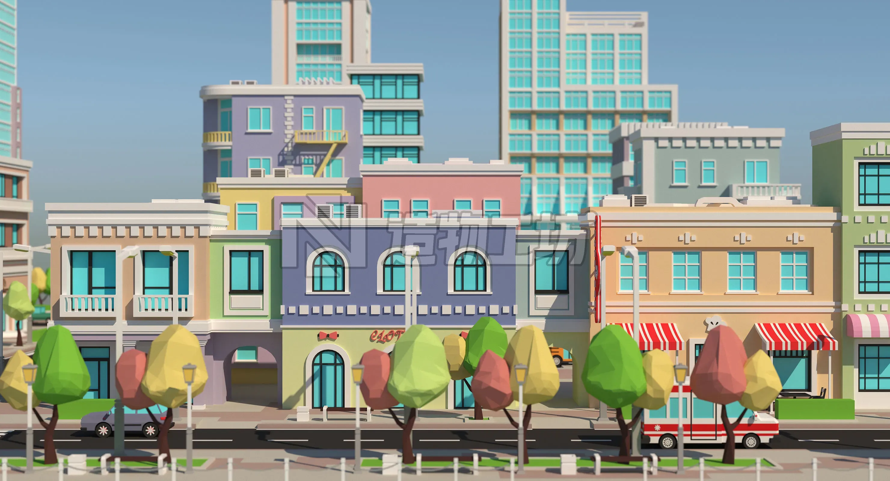 Low poly city with various buildings on the bank of the river Low-poly 3D model