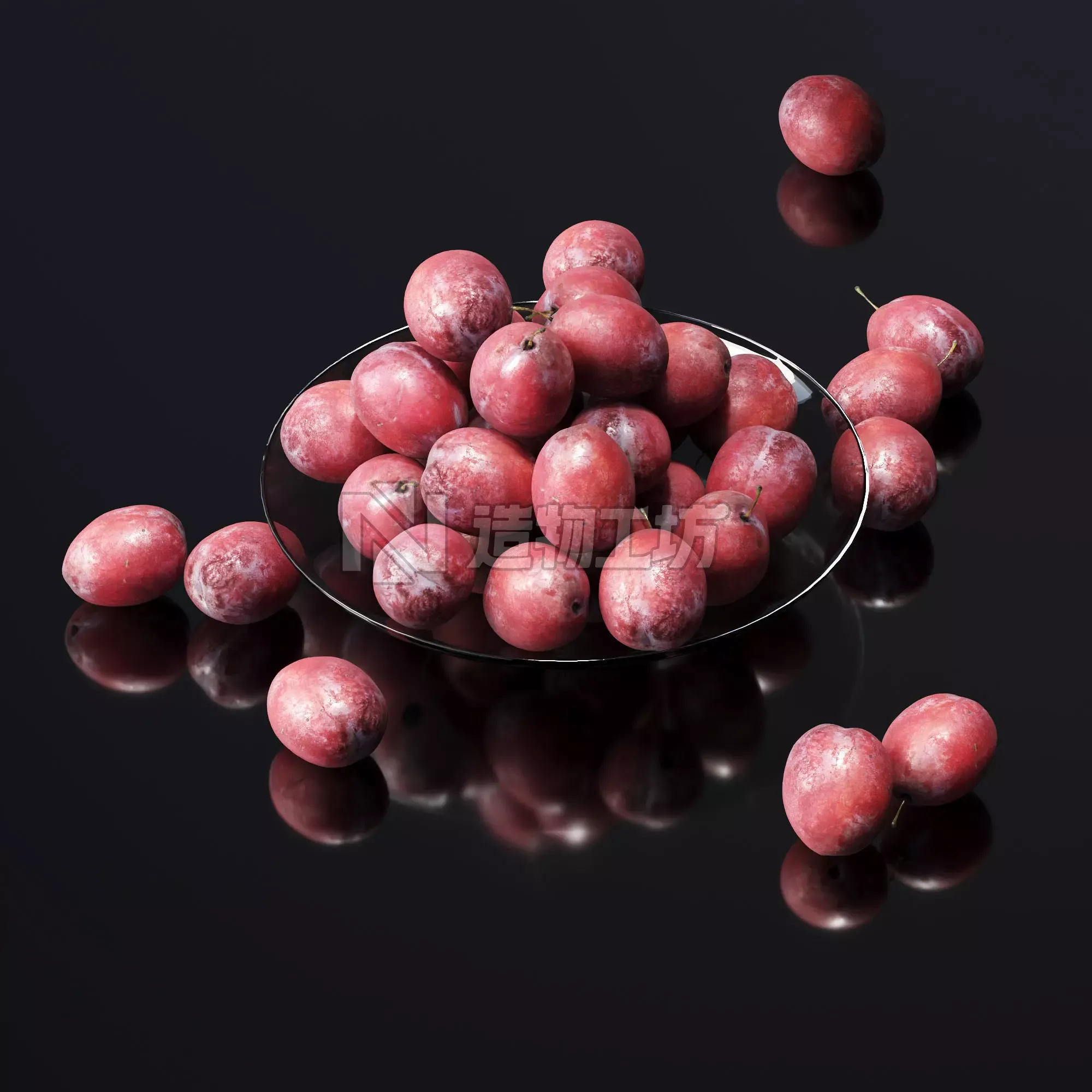 Plums on a plate Low-poly 3D model