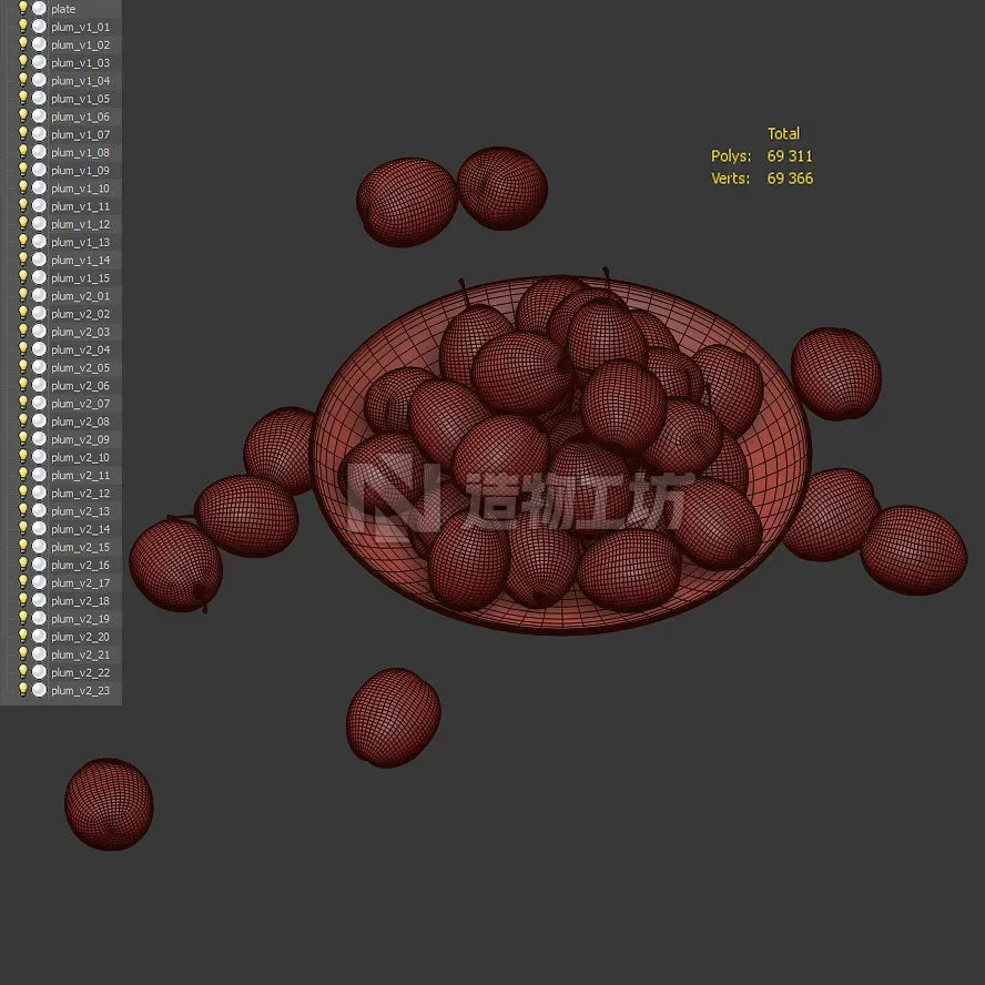 Plums on a plate Low-poly 3D model
