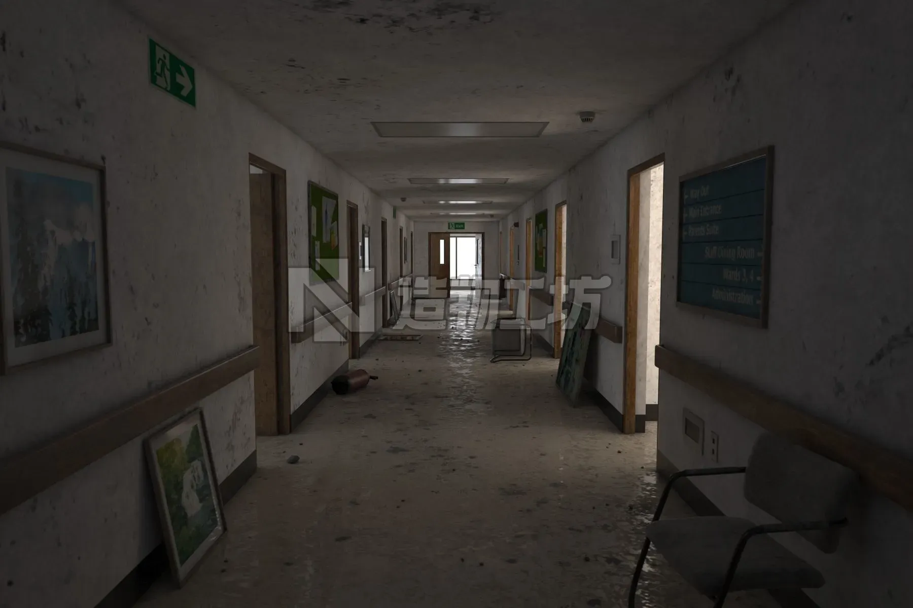 Abandoned Hospital Corridor Low-poly 3D model