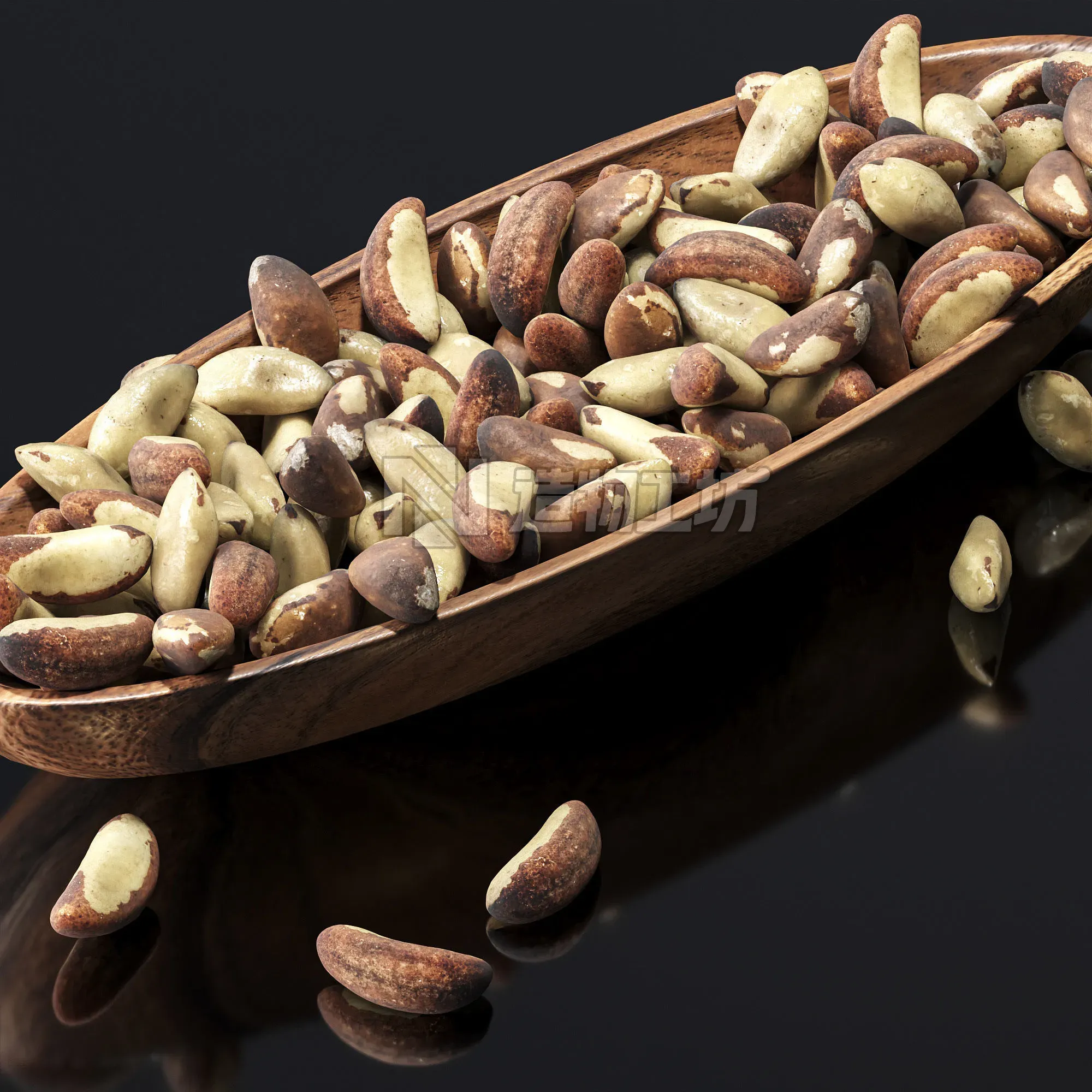 Brazil nuts in a wooden nut bowl Low-poly 3D model