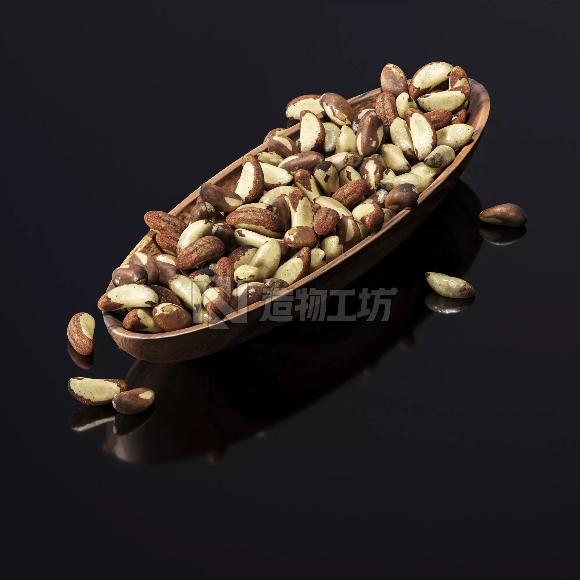 Brazil nuts in a wooden nut bowl Low-poly 3D model