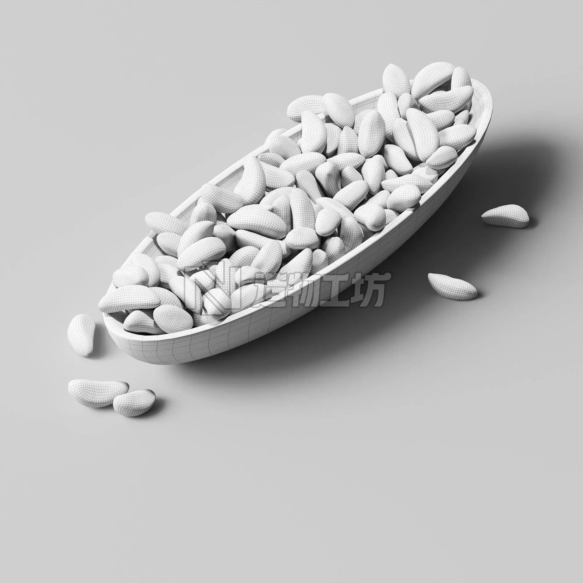Brazil nuts in a wooden nut bowl Low-poly 3D model