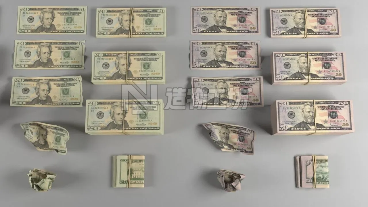 American Dollar USD Currency Pack Low-poly 3D model
