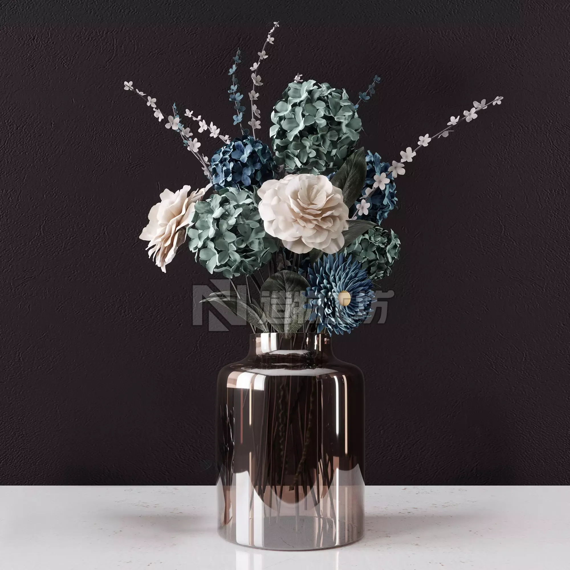 Decor bouquet of flowers in a glass vase  3D model