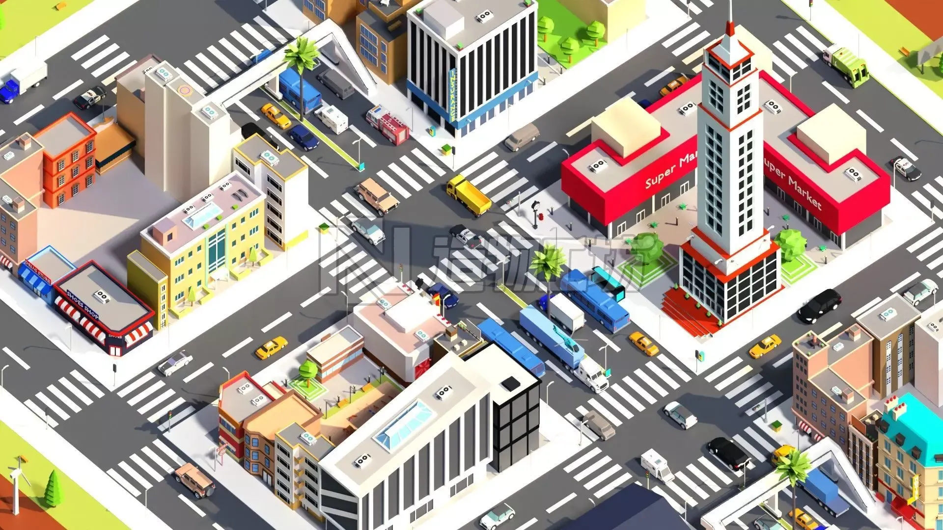 Low Poly City building with windows and balconies Low-poly 3D model