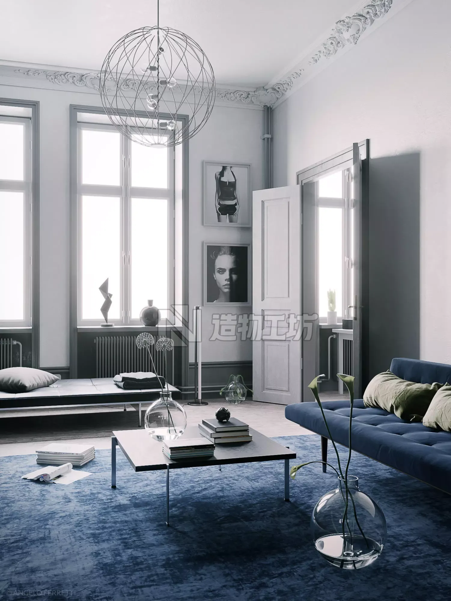 Blue Scandinavian Interior scene 3D model