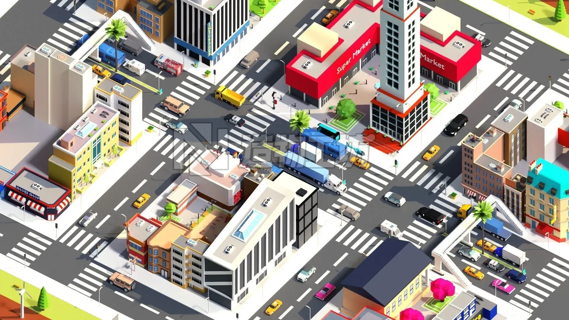 Low Poly City building with windows and balconies Low-poly 3D model
