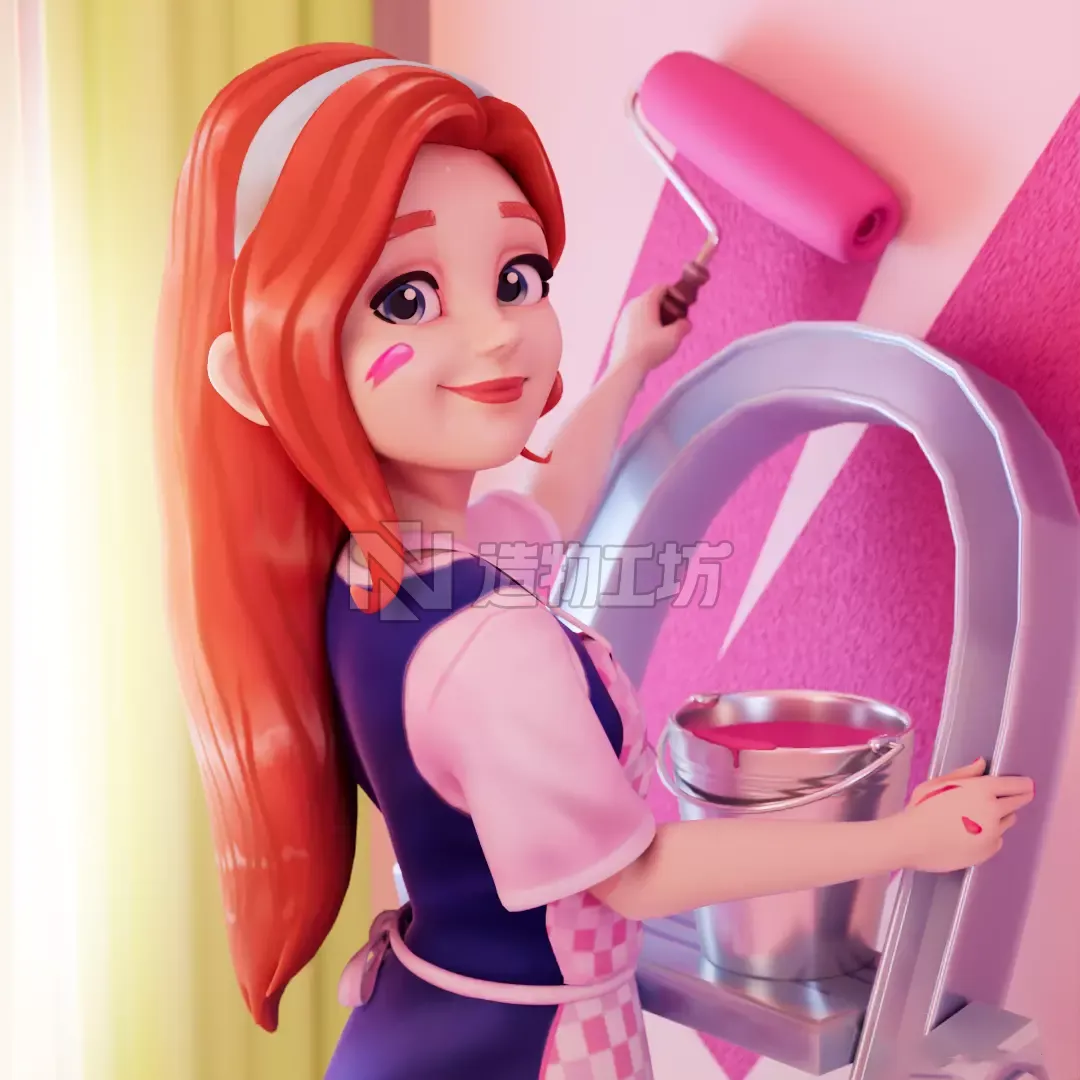 Cartoon Girl Home Design Rigged Low-poly 3D model