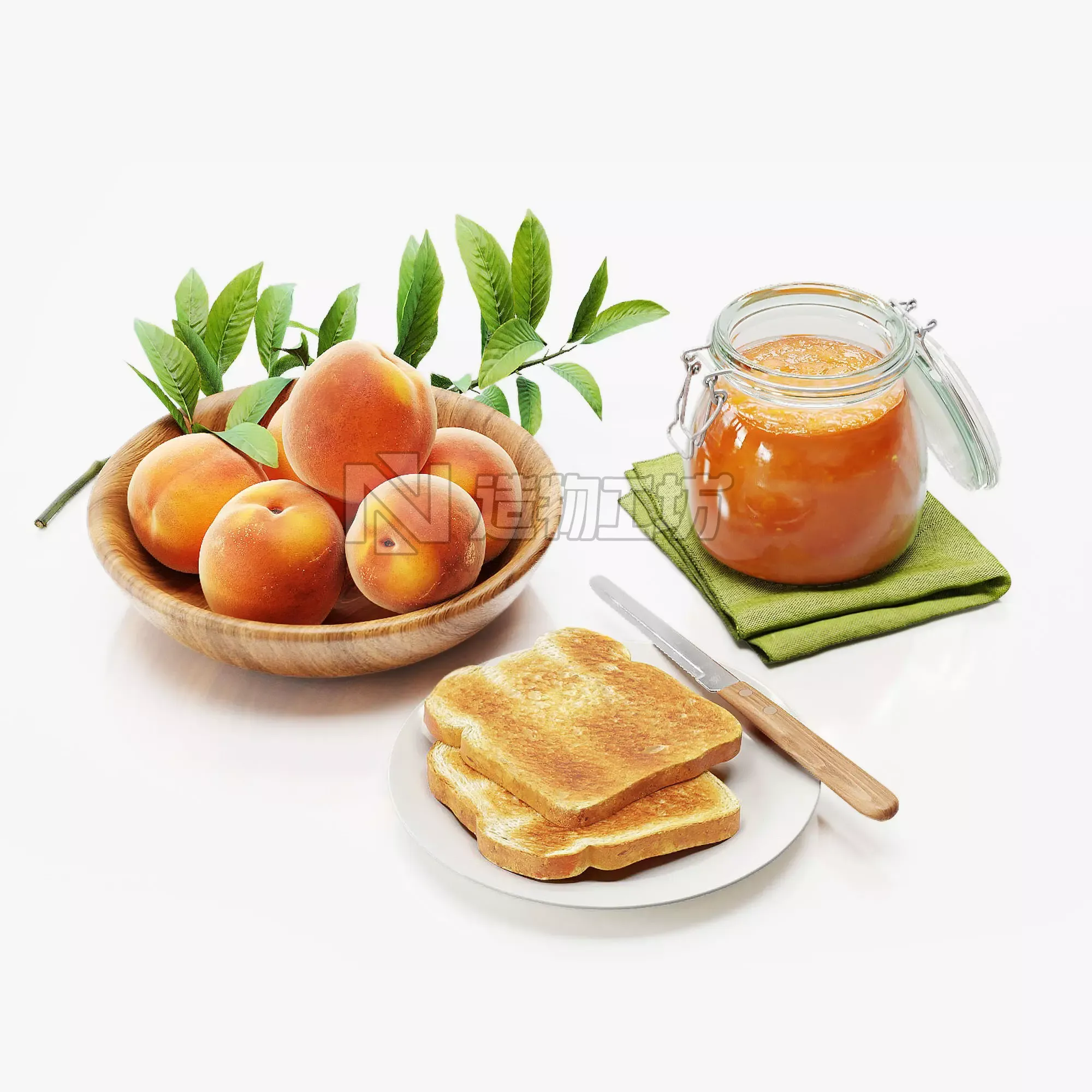 set peaches glass jar of orange juice on cloth 3D model