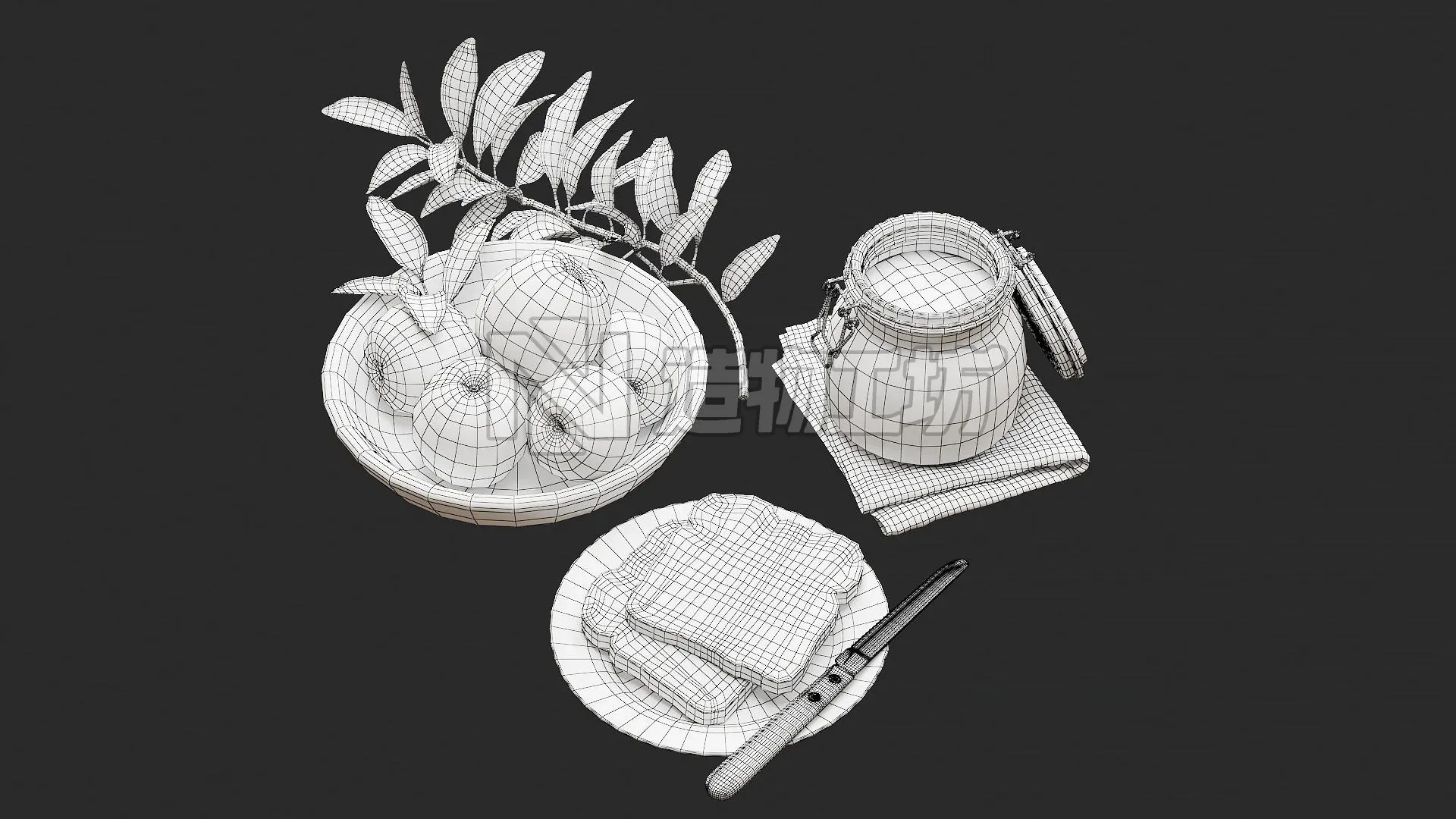 set peaches glass jar of orange juice on cloth 3D model