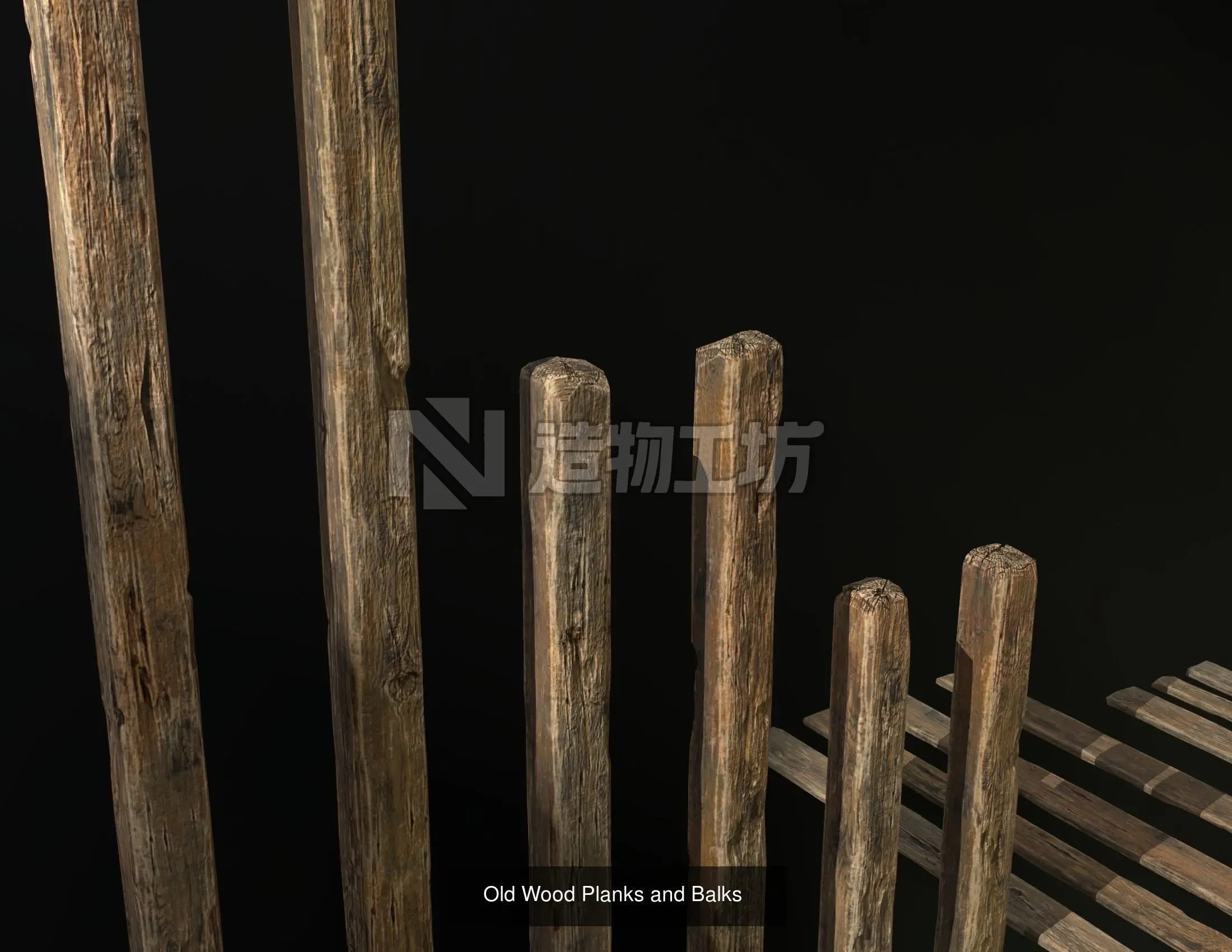 Old Wooden planks poles and beams 26 pieces 3D Model Collection
