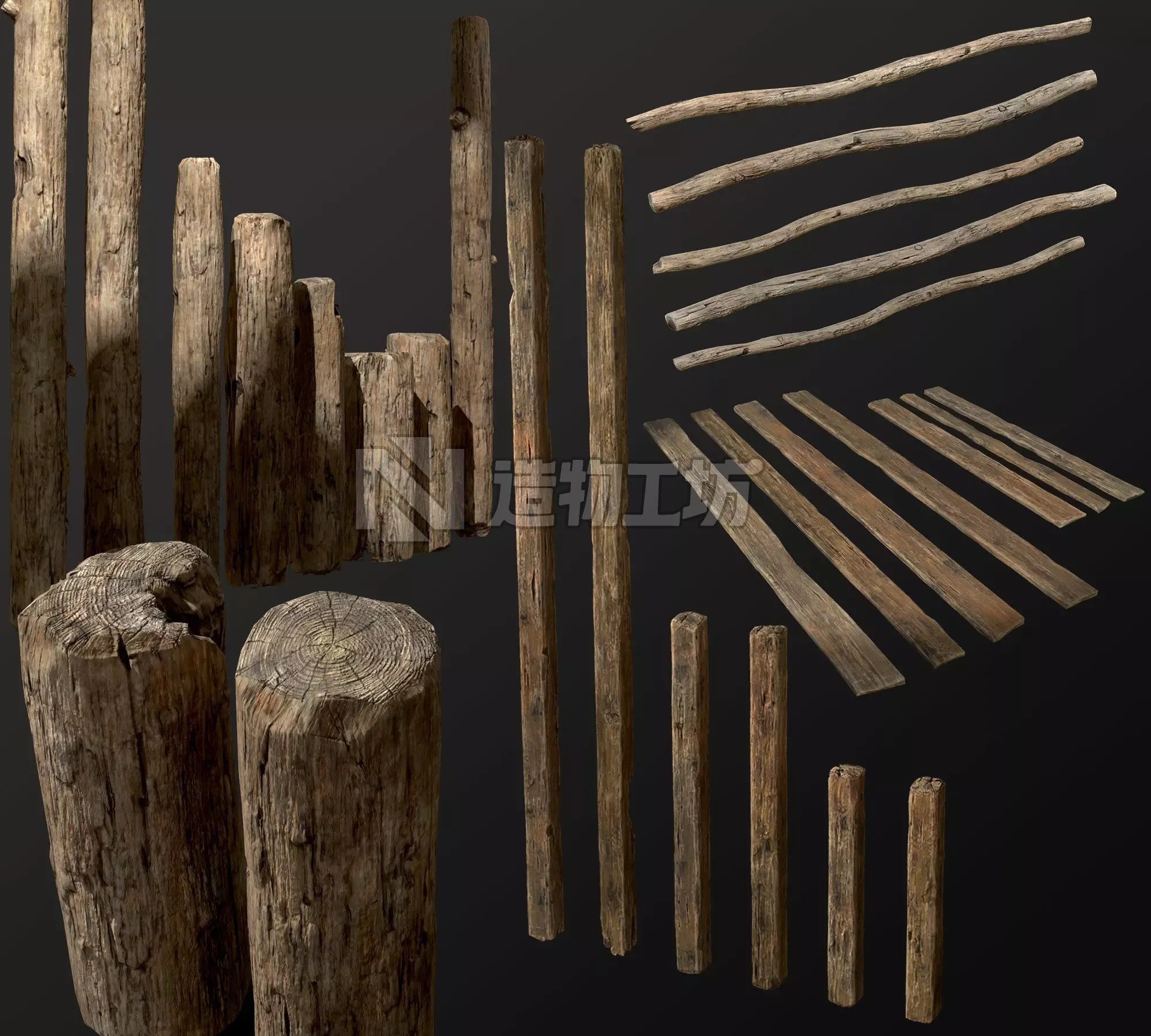 Old Wooden planks poles and beams 26 pieces 3D Model Collection