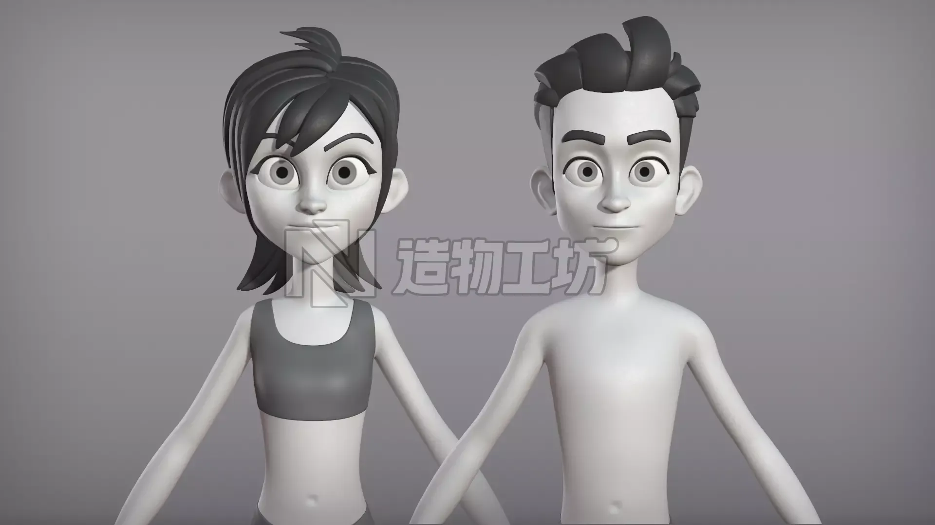 Male and female cartoon characters base mesh Low-poly 3D model