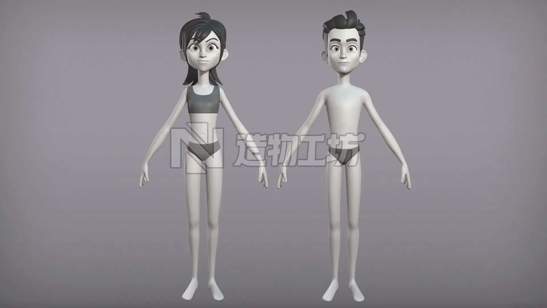Male and female cartoon characters base mesh Low-poly 3D model