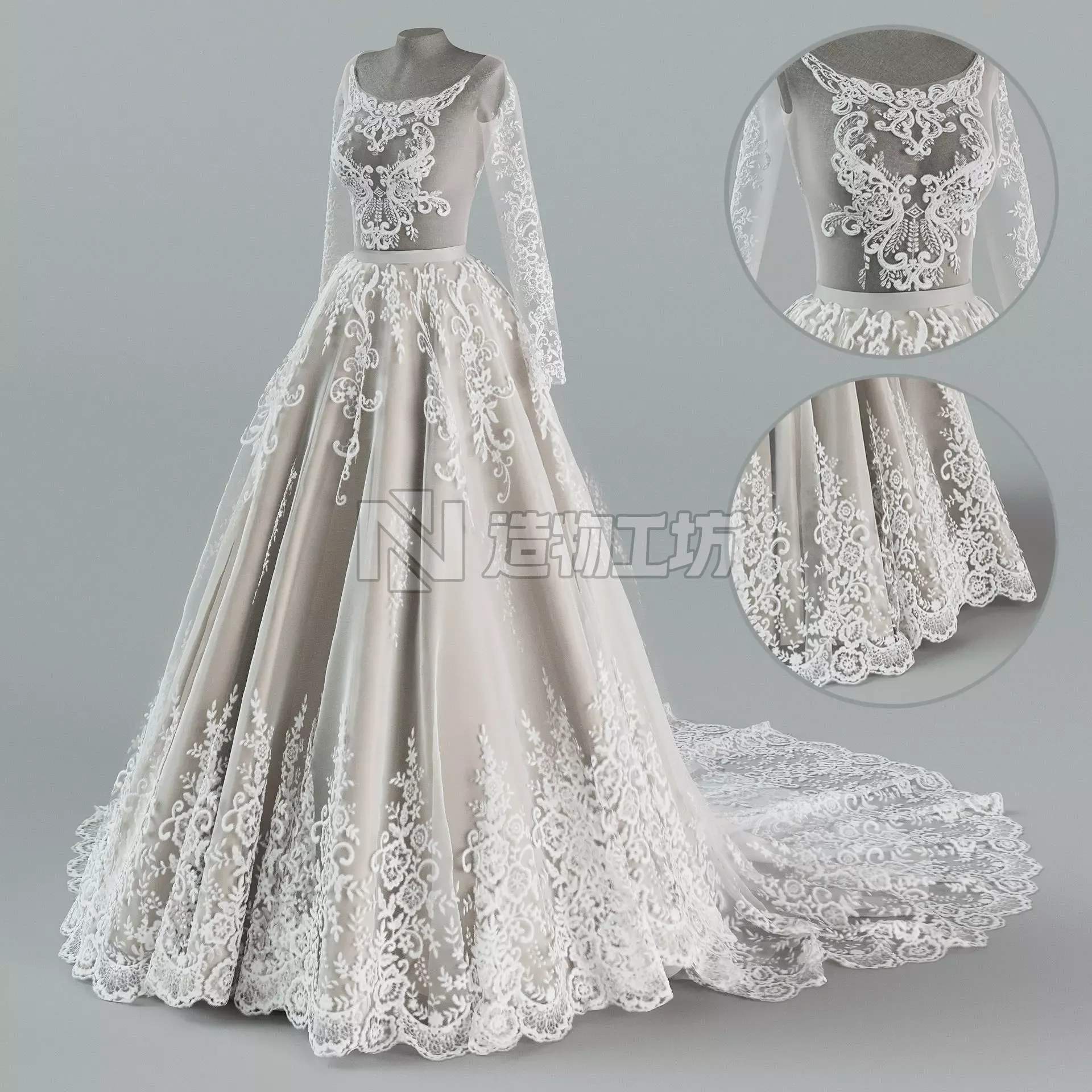 Wedding dress with train 3D model