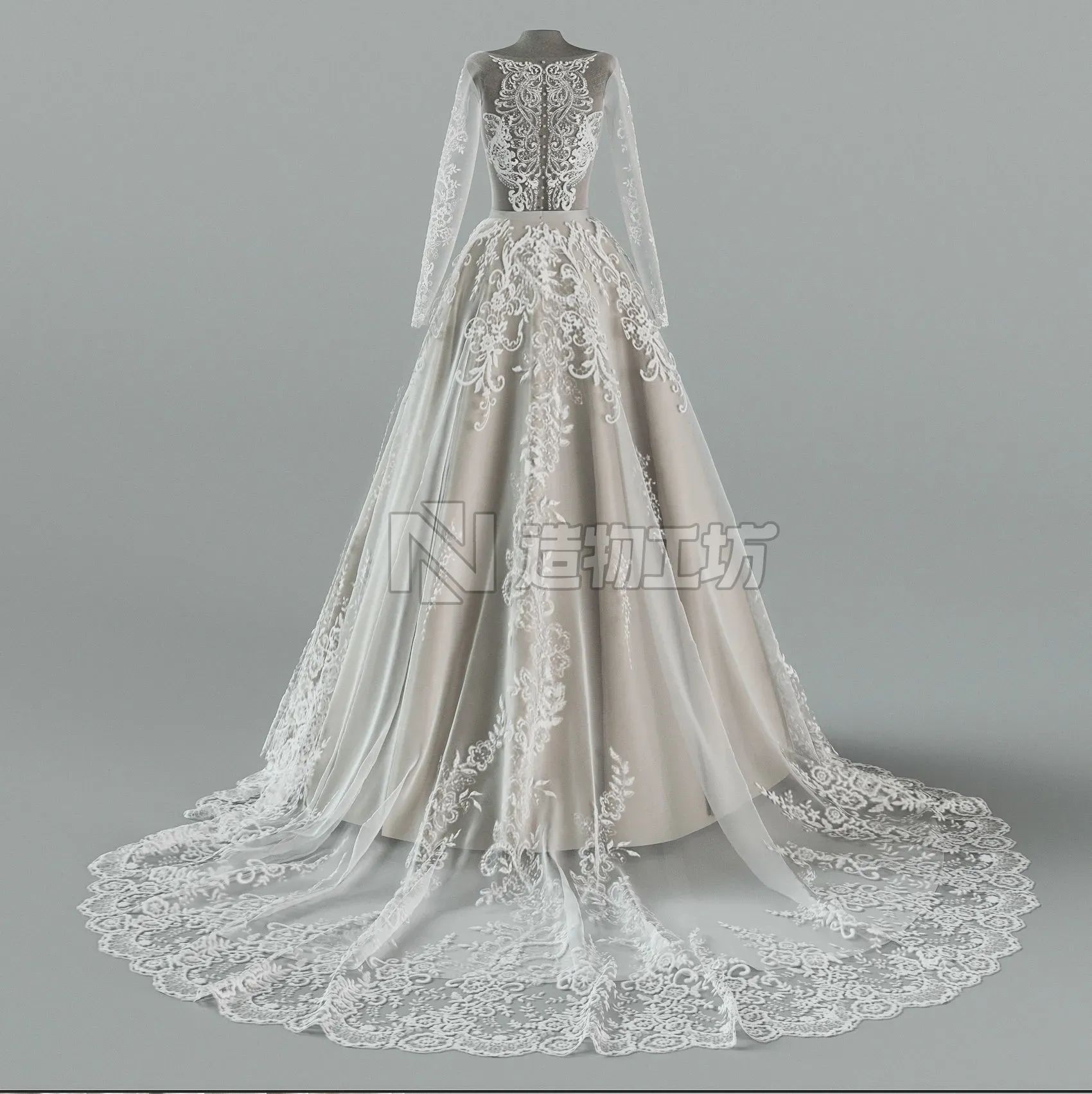 Wedding dress with train 3D model